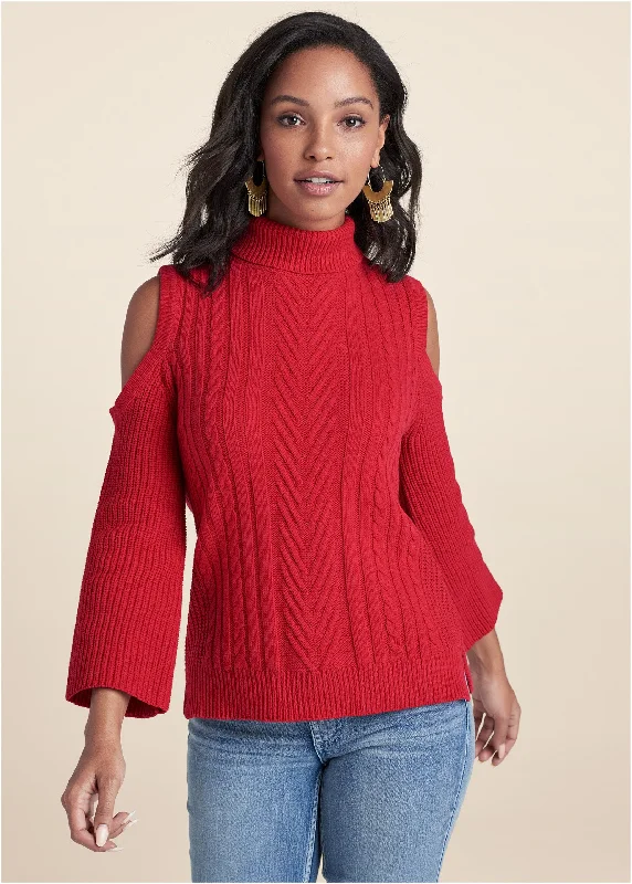 Cable - Knit Women Sweater with Intricate PatternsCold-Shoulder Sweater - Red