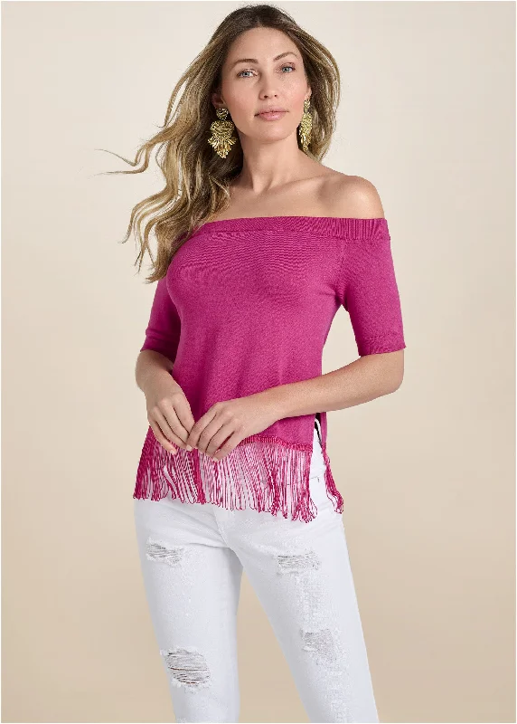 Sequin - Embellished Women Sweater for Special OccasionsOff-The-Shoulder Sweater - Fuchsia