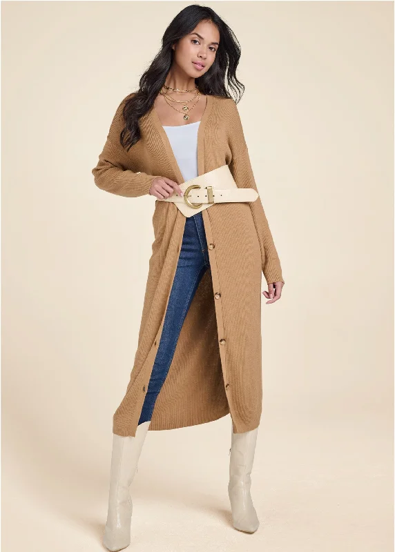 Cropped Women Sweater to Pair with High - Waisted BottomsRibbed Button Front Duster  - Camel