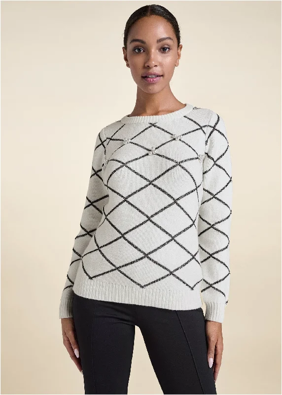 Plus - Size Women Sweater with a Flattering FitPearl Embellished Sweater - White Multi