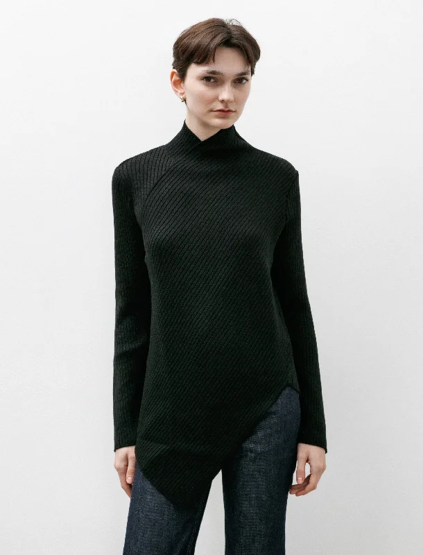 Turtleneck Women Sweater for a Classic and Elegant StyleAsymmetrical Rib Knit Mockneck Black