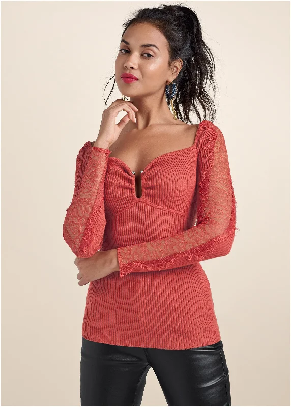 Lightweight Women Sweater for Spring and FallLace Sleeve Ribbed Sweater - Baked Apple