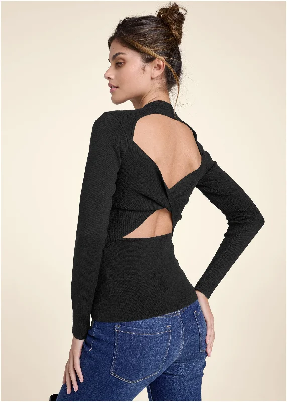 Organic Cotton Women Sweater for an Eco - Friendly ChoiceTwisted Cutout Back Detail Sweater - Black