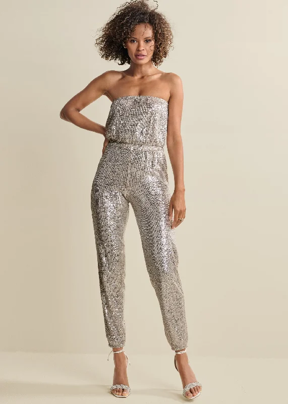 Floral Print Women Sweater for a Feminine AppealStrapless Sequin Jumpsuit - Champagne