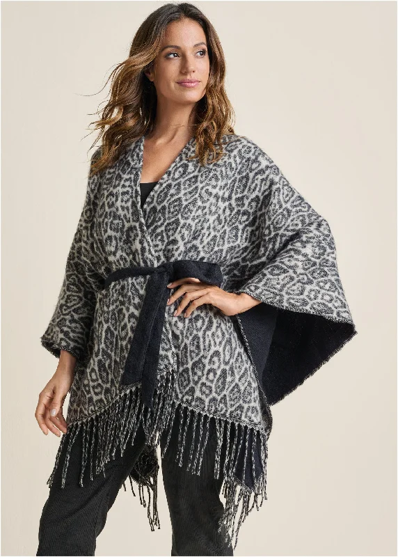 Cable - Knit Women Sweater with Intricate PatternsLeopard Wrap Knit Cape - Snow Leopard