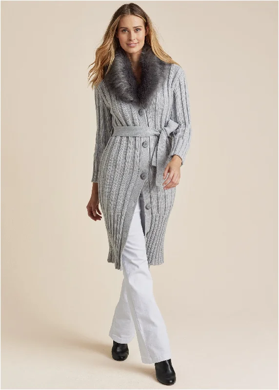 Striped Women Sweater with a Timeless PatternFaux Fur Collar Duster - Light Heather Grey