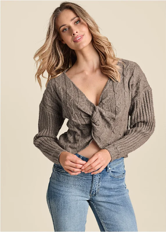 V - Neck Women Sweater to Elongate the NecklineTwist Front Sweater - Brown