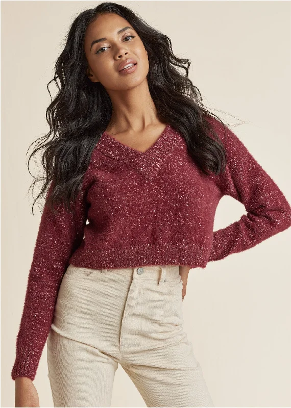 Mock - Neck Women Sweater for a Modern TwistV-Neck Sweater - Burgundy