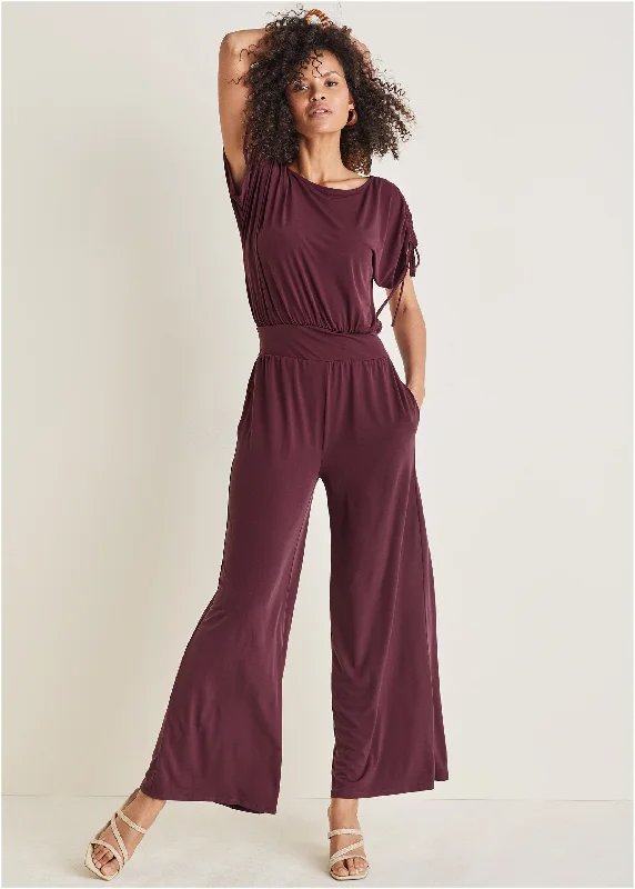 Cashmere Women Sweater with a Luxurious Soft TouchShoulder Detail Wide Leg Jumpsuit - Wine