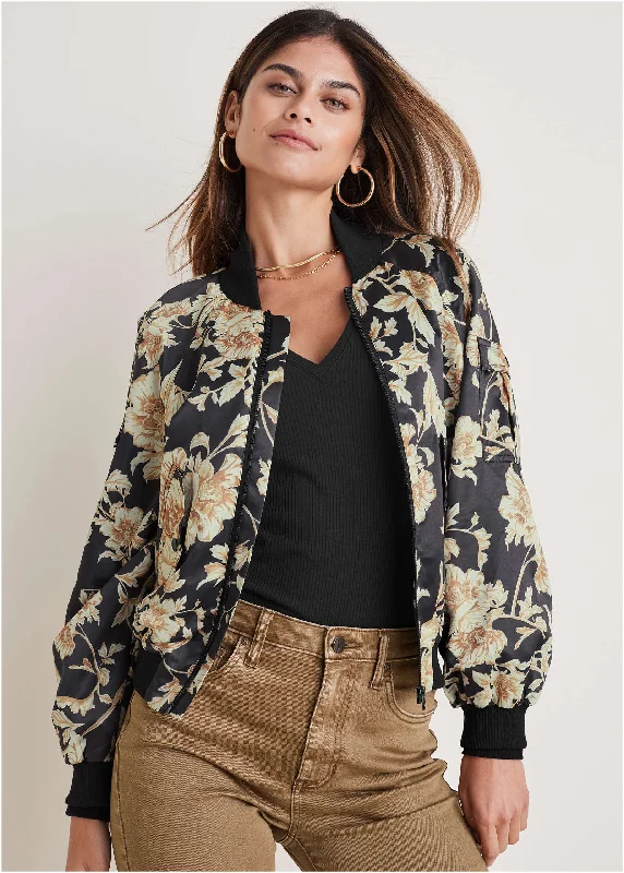 Button - Down Women Sweater for a Versatile LookMatte Satin Bomber - Nouveau Roses