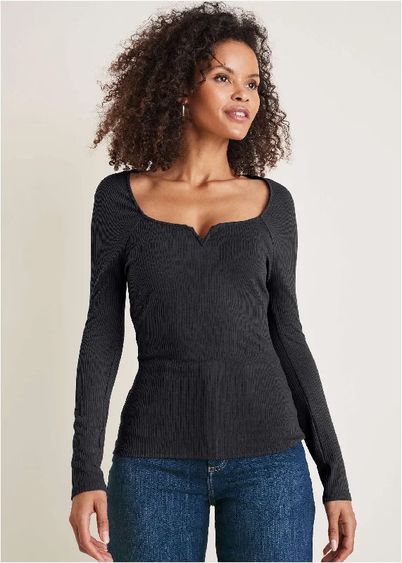 Turtleneck Women Sweater for a Classic and Elegant StyleDeep Scoop Neck Ribbed Top - Black