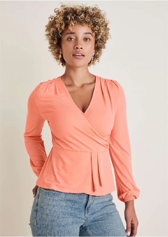 Cable - Knit Women Sweater with Intricate PatternsFaux Wrap Peplum Blouse - Burnt Coral