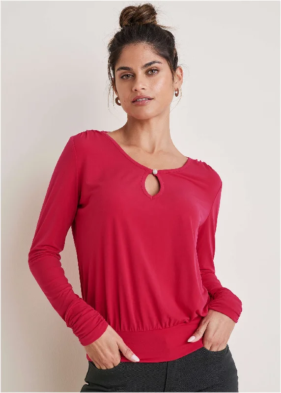 Cropped Women Sweater to Pair with High - Waisted BottomsEmbellished Keyhole Top - Barberry