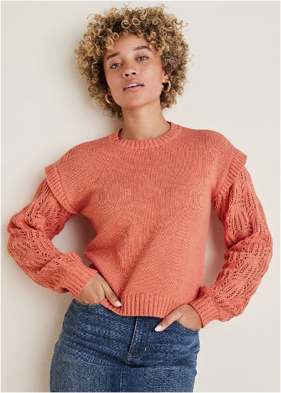 Cropped Women Sweater to Pair with High - Waisted BottomsPointelle Sleeve Crew Neck - Burnt Coral