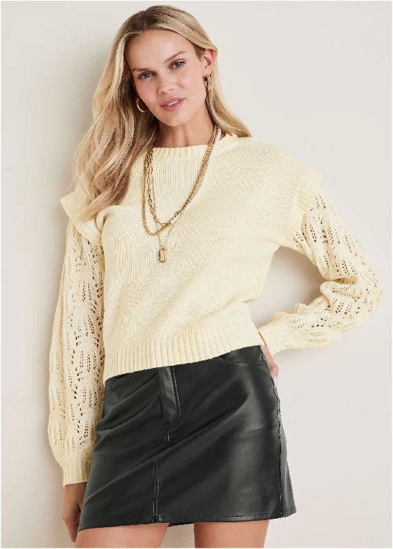 Chunky Knit Women Sweater for Winter WarmthPointelle Sleeve Crew Neck - Off White