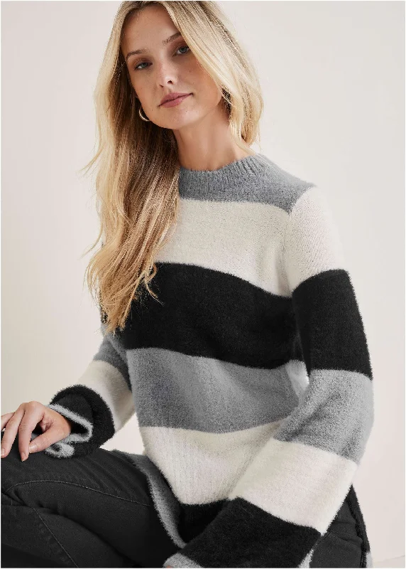 Sequin - Embellished Women Sweater for Special OccasionsEyelash Striped Sweater  - Black & White