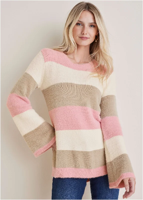 Sequin - Embellished Women Sweater for Special OccasionsEyelash Striped Sweater  - Pink Multi