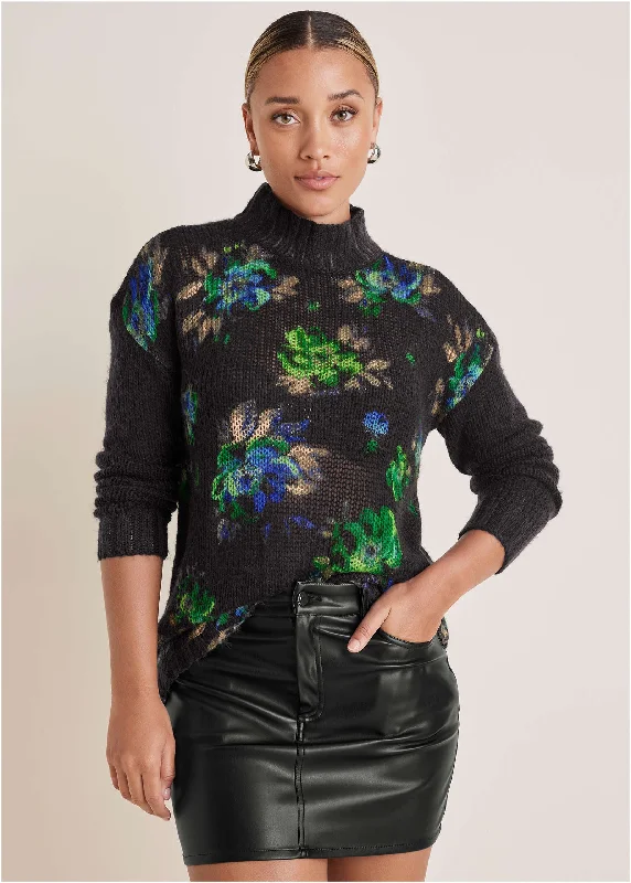 V - Neck Women Sweater to Elongate the NecklinePrinted Turtleneck Sweater - Midnight Garden