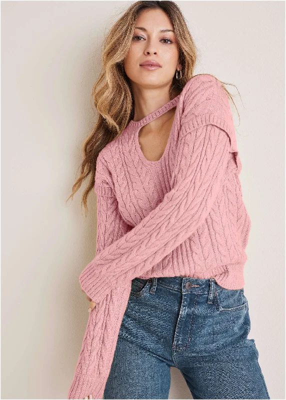 Cropped Women Sweater to Pair with High - Waisted BottomsCable Knit Cut-Out Sweater - Bleached Mauve