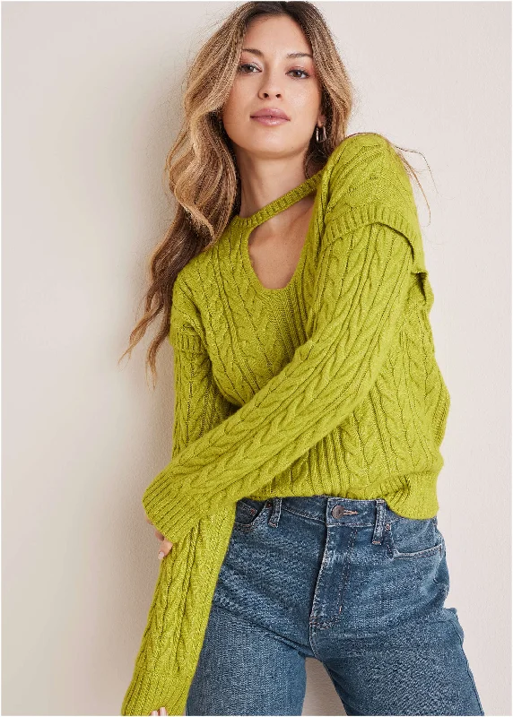 Hooded Women Sweater for Added Comfort and StyleCable Knit Cut-Out Sweater - Lentil Sprout