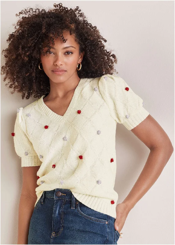 Cashmere Women Sweater with a Luxurious Soft TouchPom Pom Sweater - White Multi