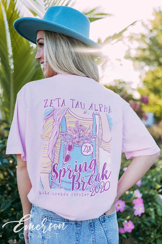 Distressed Women T Shirt with a Laid - Back AestheticZeta Tau Alpha Spring Break Overalls Pink Tee