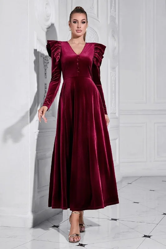 Long - Sleeve Women Dress in Velvet for a Luxurious Winter LookA Line V Neck Burgundy Ruffled Long Velvet Prom Dress