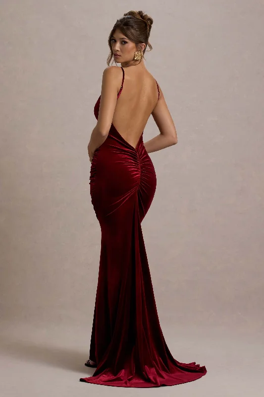 Sheath Women Dress with a Tailored Fit for a Professional LookAdele | Berry Velvet Ruched Strappy Fishtail Maxi Dress