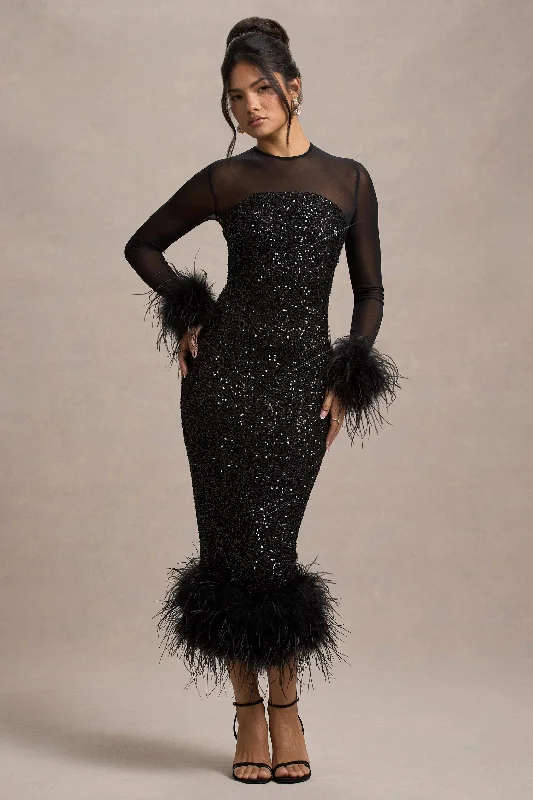 Mini Women Dress with a Short Hem for a Young and Trendy StyleAfterglow | Black Sequin Long-Sleeve Midi Dress With Feather Trims