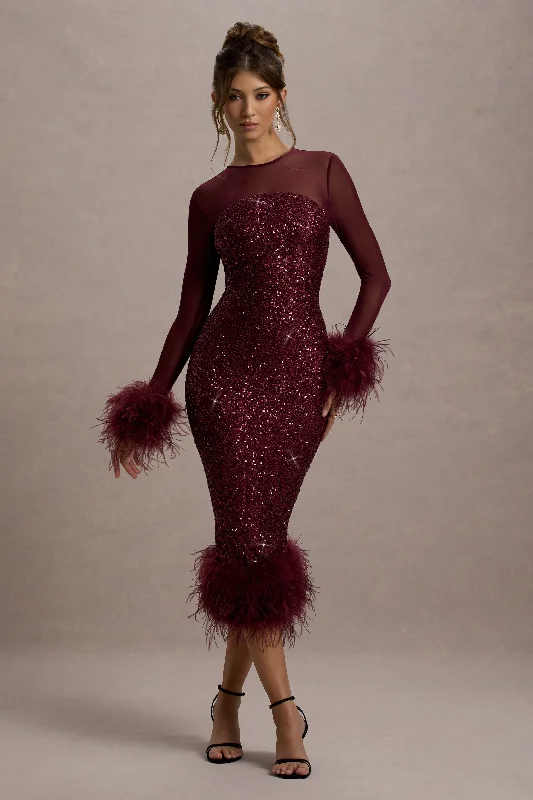 Wrap - Style Women Dress with Adjustable Fit for All Body TypesAfterglow | Port Sequin Long-Sleeve Midi Dress With Feather Trims