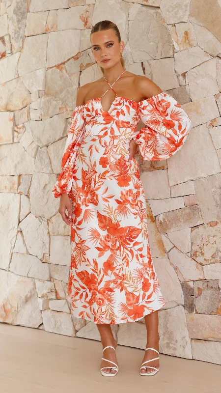 Sleeveless Women Dress in Bright Colors for Summer PartiesAline Midi Dress - Orange Floral