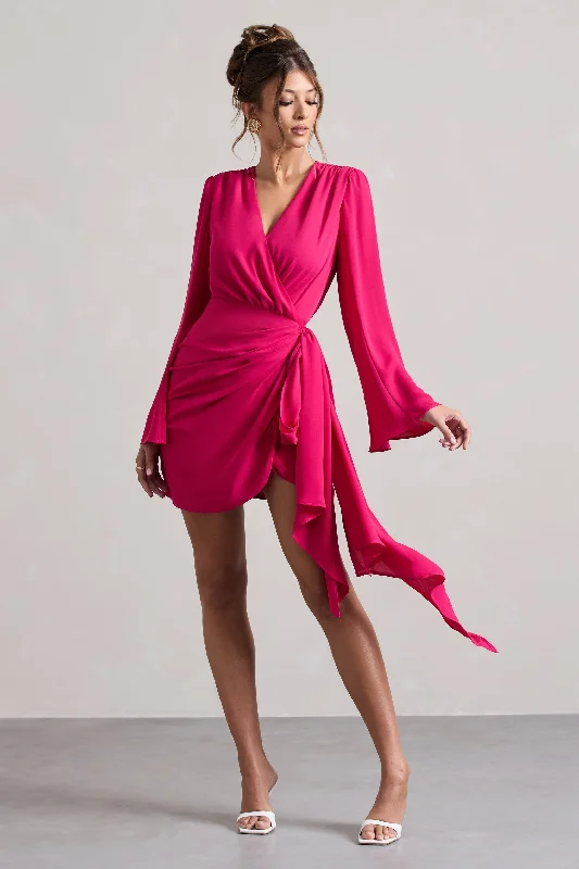 Halter Neck Women Dress to Show Off the Shoulders and NecklineAlinta | Hot Pink Long-Sleeve Wrap Mini Dress