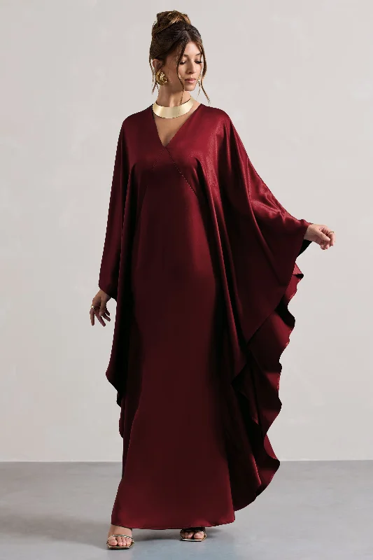 Lace - Embellished Women Dress for an Elegant and Sophisticated AppearanceAlohi | Berry Satin Plunge Cape Maxi Dress