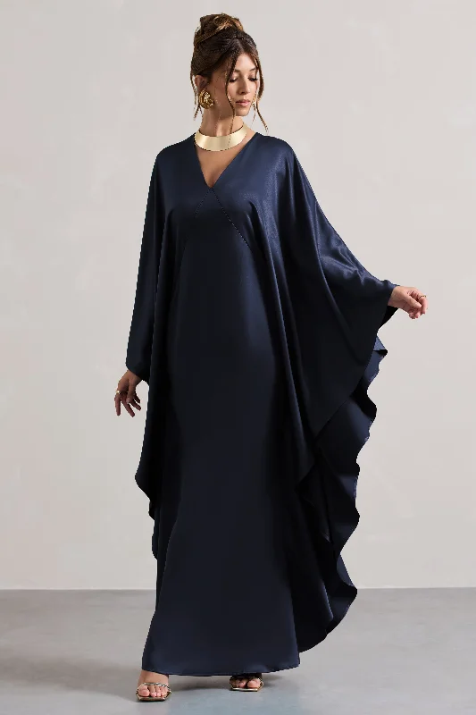 Off - the - Shoulder Women Dress for a Romantic and Feminine LookAlohi | Navy Satin Plunge Cape Maxi Dress