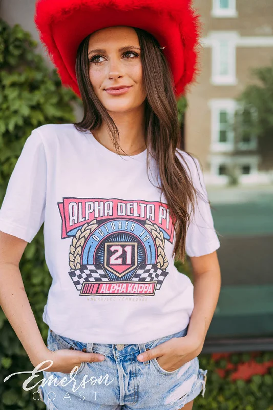 Tie - Dye Women T Shirt with a Bohemian VibeAlpha Delta Pi Social Racing Stripes Tee