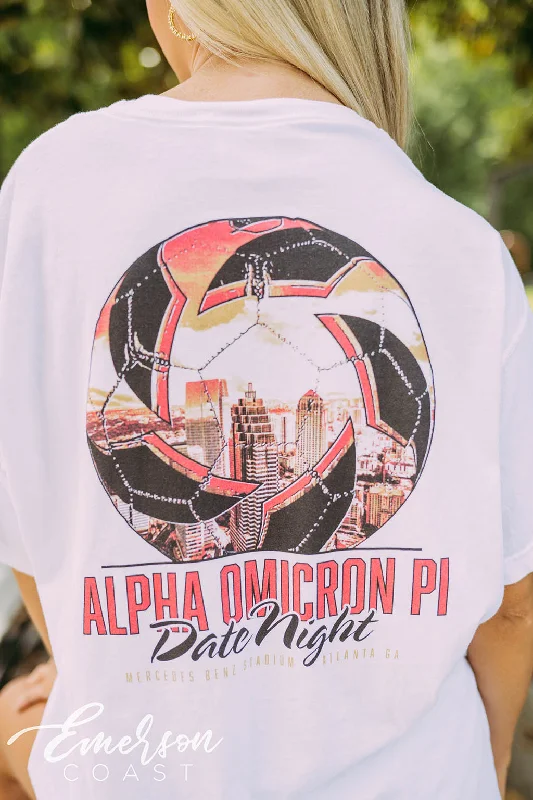 Distressed Women T Shirt with a Laid - Back AestheticAlpha Omicron Pi Date Night Soccer Ball Skyline Tee