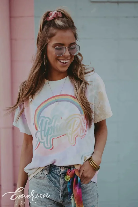 Distressed Women T Shirt with a Laid - Back AestheticAlpha Phi '90s Tie Dye Bid Day Tee