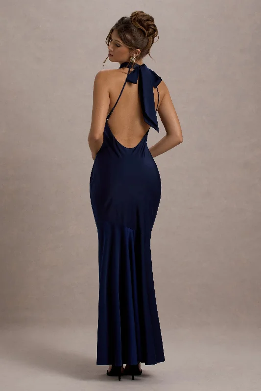 Sheath Women Dress with a Tailored Fit for a Professional LookAmelita | Navy Satin Cowl-Neck Fishtail Maxi Dress