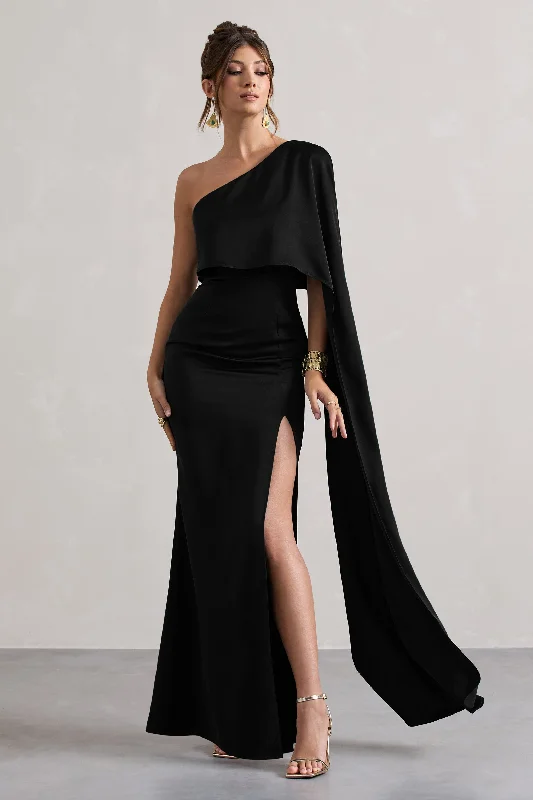 Long - Sleeve Women Dress in Velvet for a Luxurious Winter LookAmora | Black Satin Asymmetric Cape-Sleeve Split Maxi Dress