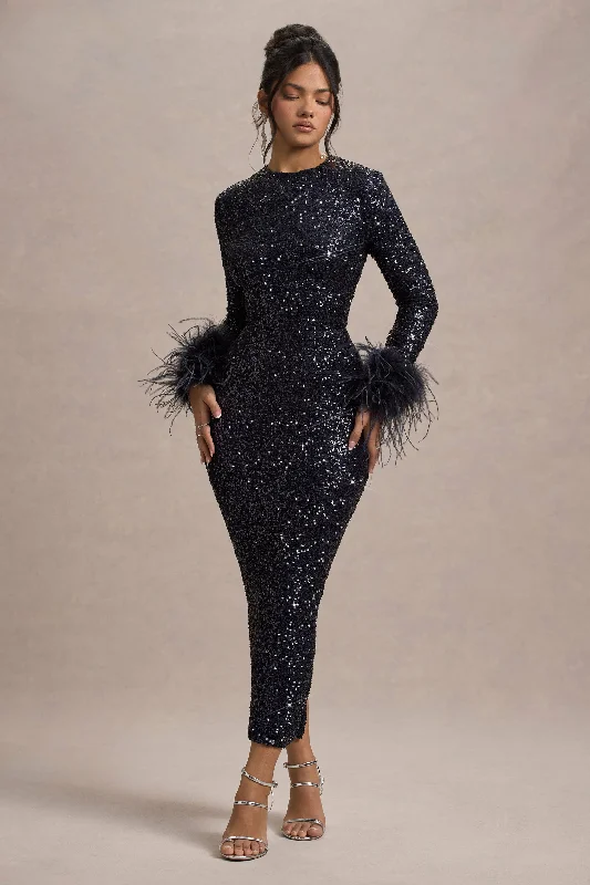 Wrap - Style Women Dress with Adjustable Fit for All Body TypesAnalina | Navy Sequin Long-Sleeved Midi Dress With Feather Cuffs