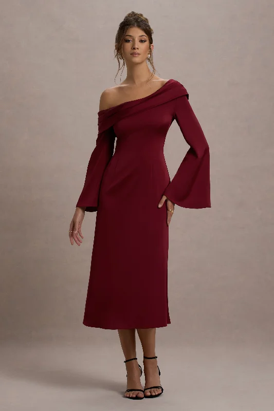 Halter Neck Women Dress to Show Off the Shoulders and NecklineAstral | Port Satin Asymmetric Flared-Sleeve Midi Dress