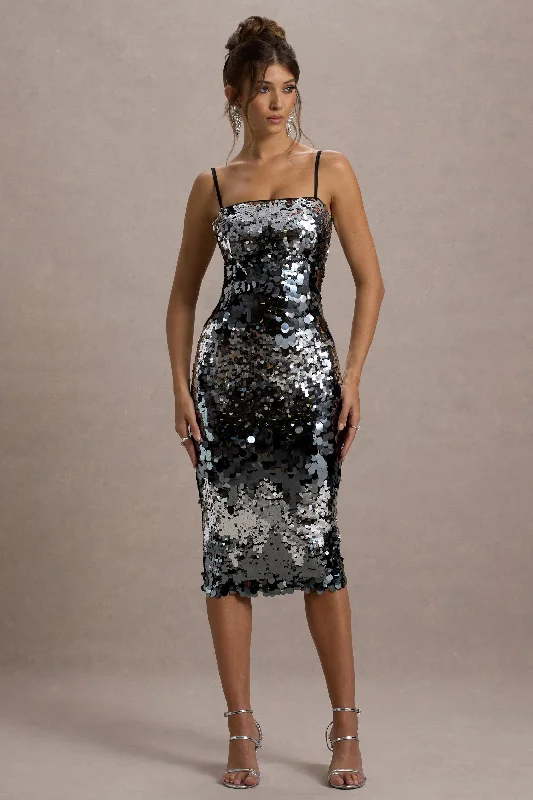 Backless Women Dress for a Sexy and Alluring Look at Evening EventsAzure | Silver Sequin Strappy Midi Dress