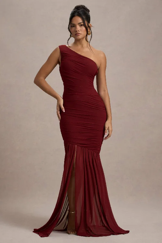 Pleated Women Dress with a Timeless and Elegant TextureBastia | Burgundy Ruched Mesh Asymmetric Maxi Dress