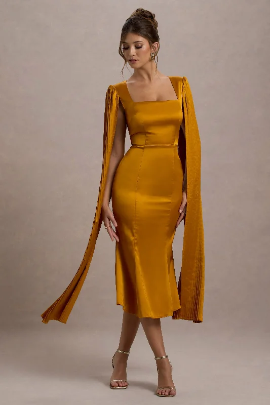 Sheath Women Dress with a Tailored Fit for a Professional LookNalda | Mustard Square-Neck Midi Dress With Cape Sleeves