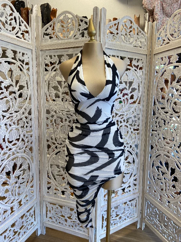 Halter Neck Women Dress to Show Off the Shoulders and NecklineBlack and White Abstract Dress