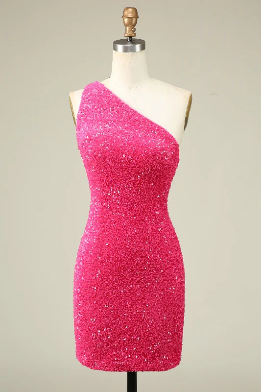 Off - the - Shoulder Women Dress for a Romantic and Feminine LookBling Sheath One Shoulder Fuchsia Sequins Short Homecoming Dress