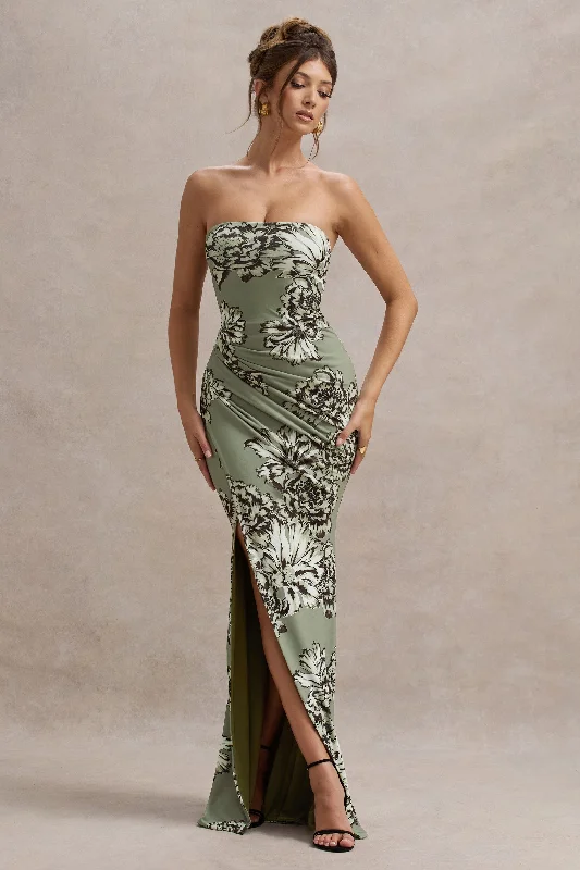 Shift Women Dress with a Simple and Classic Design for Everyday WearBuena | Olive Floral Print Strapless Gathered Maxi Dress With Split