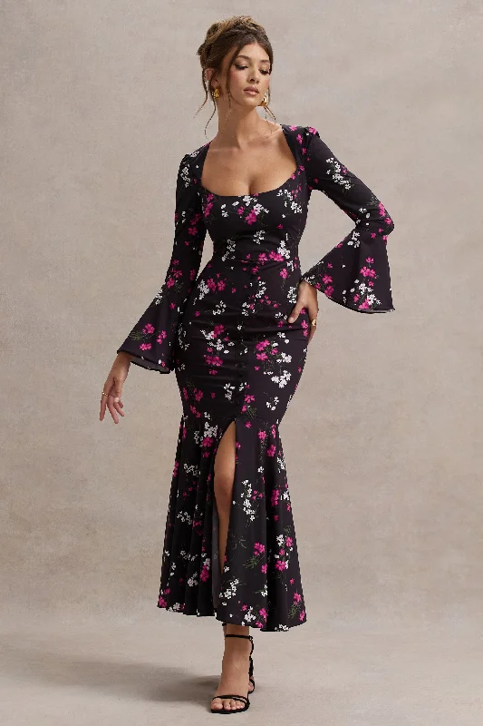 Long - Sleeve Women Dress in Velvet for a Luxurious Winter LookCatalonia | Black Ditsy Floral Print Chiffon Long-Sleeve Split Maxi Dress