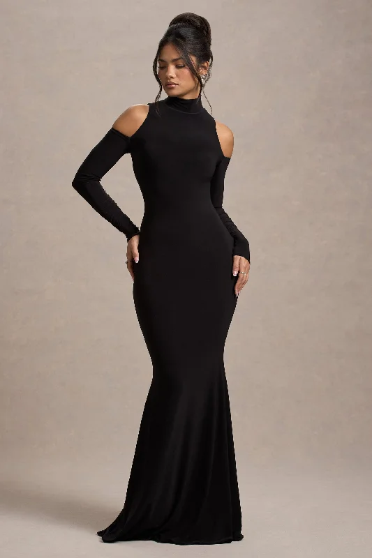 Pleated Women Dress with a Timeless and Elegant TextureCatarina | Black Turtle-Neck Long-Sleeve Maxi Dress With Cold Shoulders