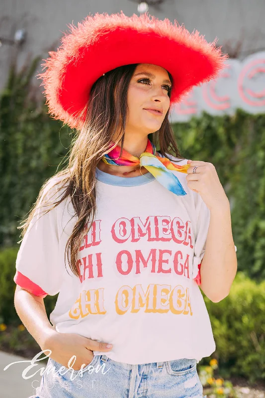 Crew Neck Women T Shirt with a Timeless DesignChi Omega Bid Day Carnival Colorblock Ringer Tee